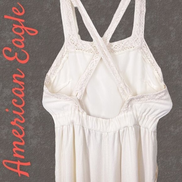 AMERICAN EAGLE Linen Blend Ivory Crochet Cross Strap Jumpsuit, Size Small - Picture 11 of 12